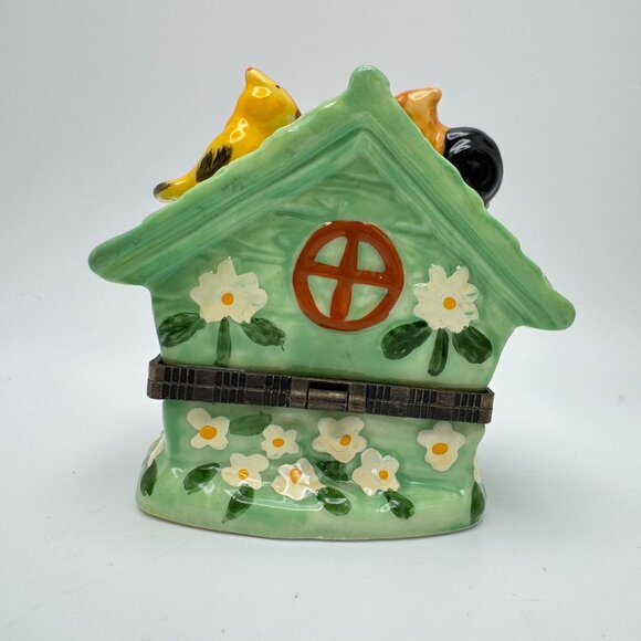 Birdhouse Daisy Flower Porcelain Hinged Green Trinket Box Yellow Bird Snail 2.5" - Picture 8 of 9